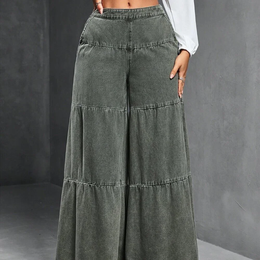Army Green Women's Loose Boyfriend Style Distressed Hem Patchwork Denim Jeans